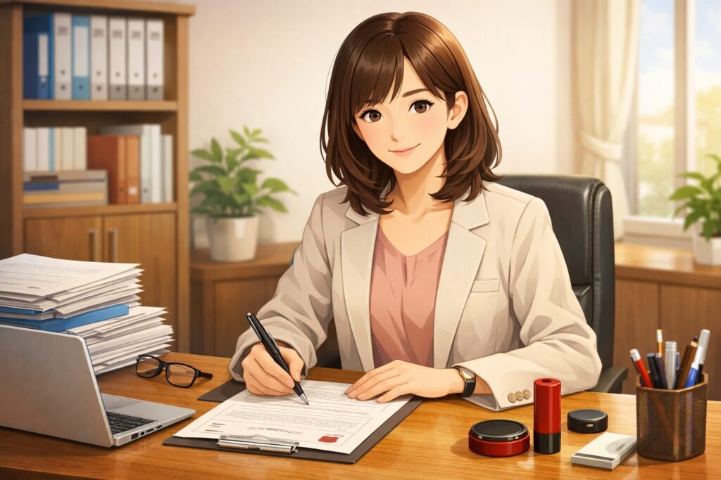 行政手続きや法令遵守に関する重要なお知らせをイメージした、日本人女性がオフィスで書類を作成しているイラスト