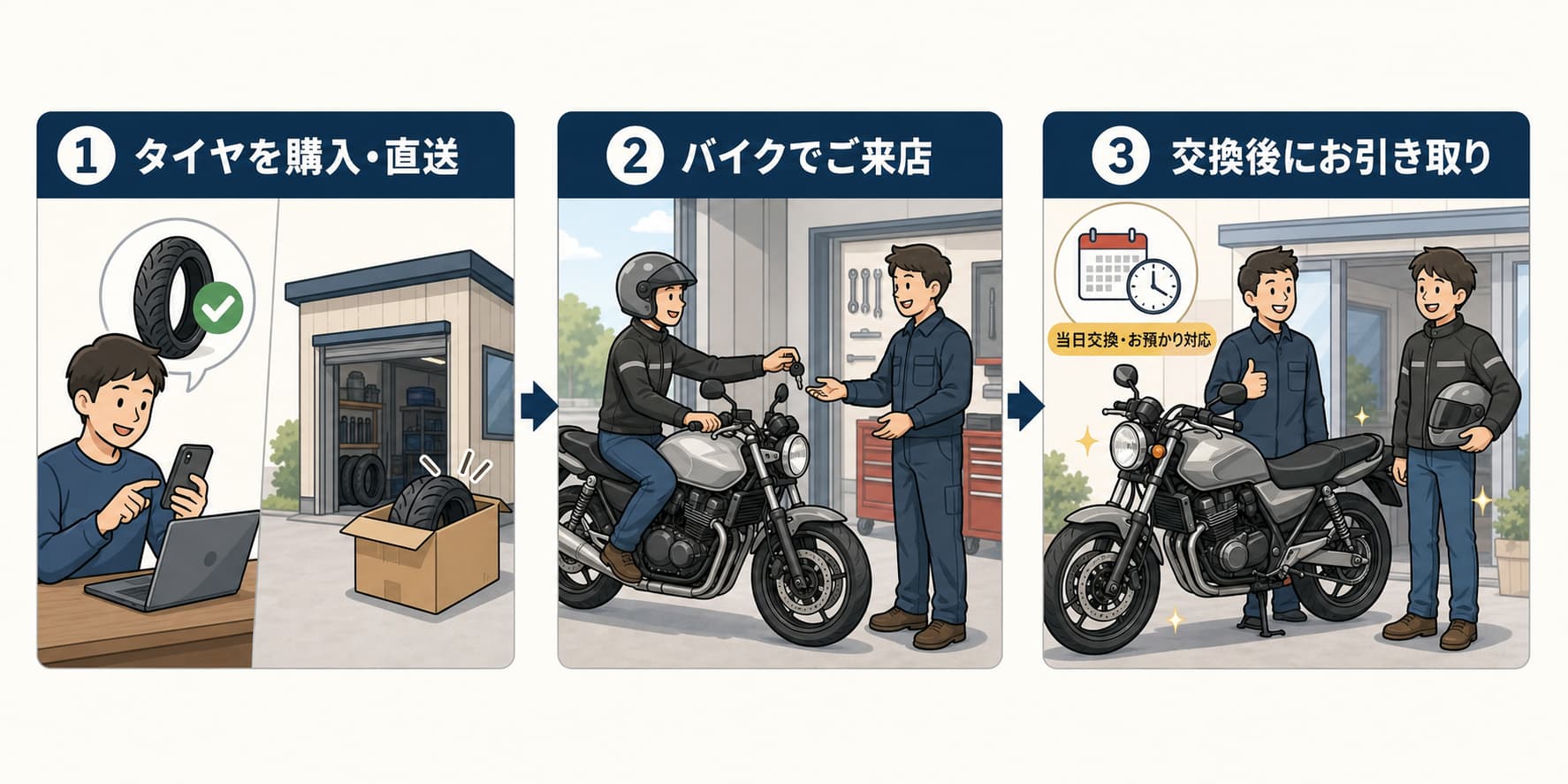 バイクに乗って来店する持ち込みタイヤ交換の流れ